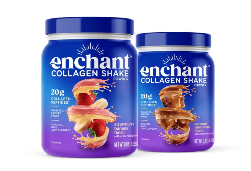 Collagen peptides shake powder in Strawberry Banana and Caramel Macchiato delicious flavors